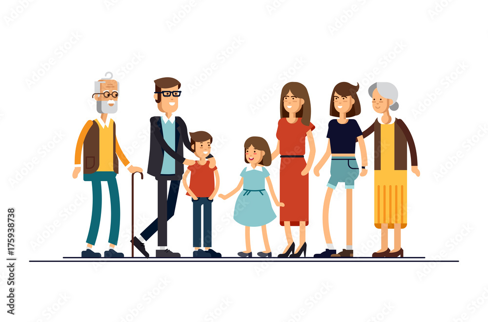 Big modern family vector flat design illustration. Relatives standing together. Grandparents, mother, father, siblings