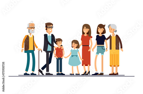 Big modern family vector flat design illustration. Relatives standing together. Grandparents, mother, father, siblings
