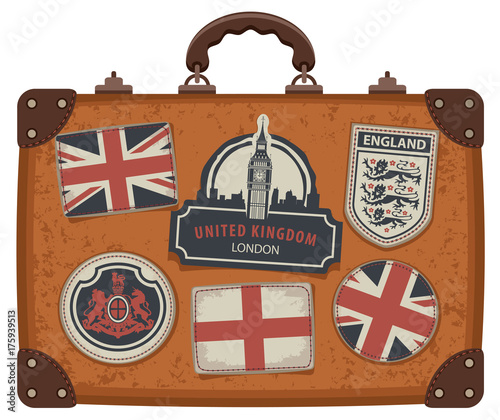 Vector image of travel suitcase with patches set with British and English symbols, coats of arms and flags of the United Kingdom and England in retro style