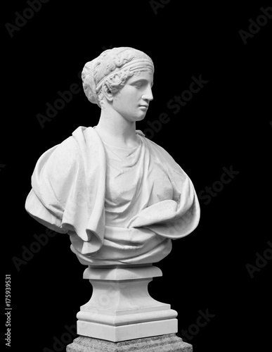 Sculpture - Roman woman in a Turban on a black background. Summer garden in St. Petersburg