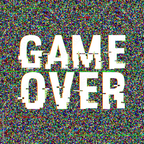 Game Over glitch text. Anaglyph 3D effect. Technological retro background. Vector illustration. Creative web template. Flyer, poster layout. Computer program, console screen, retro arcade