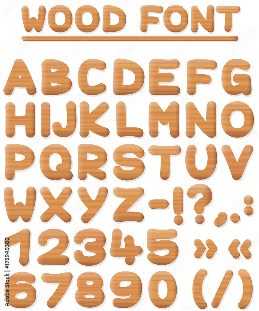 WOOD FONT - easy rounded wooden textured capital letters, numbers and symbols - isolated vector illustration on white background. WOOD FONT - easy rounded wooden textured capital letters, numbers and symbols - isolated vector illustration on white background.