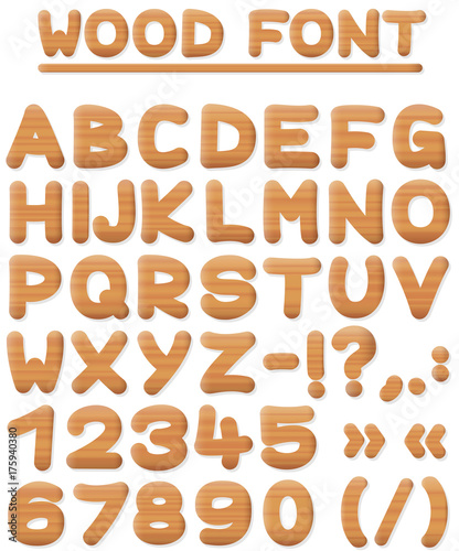 WOOD FONT - easy rounded wooden textured capital letters, numbers and symbols - isolated vector illustration on white background.