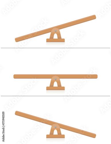 Seesaw or wooden balance scale - balanced and unbalanced, equal and unequal weightiness - isolated vector illustration on white background. photo