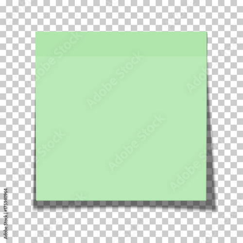 Office green paper sticky note glued to the surface isolated on transparent background. Vector illustration.