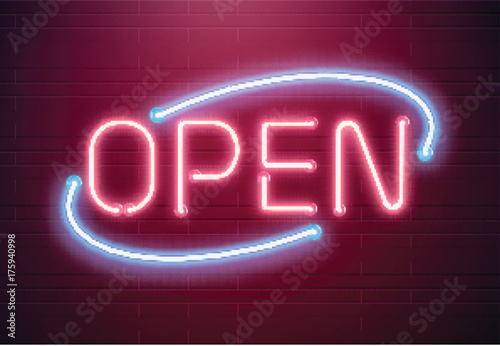 Bar open light Neon Sign. Night store red glowing letters . Open 24 hours sign photo