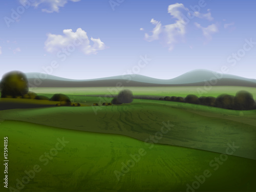 Hilly landscape with fields, high detailed illustration