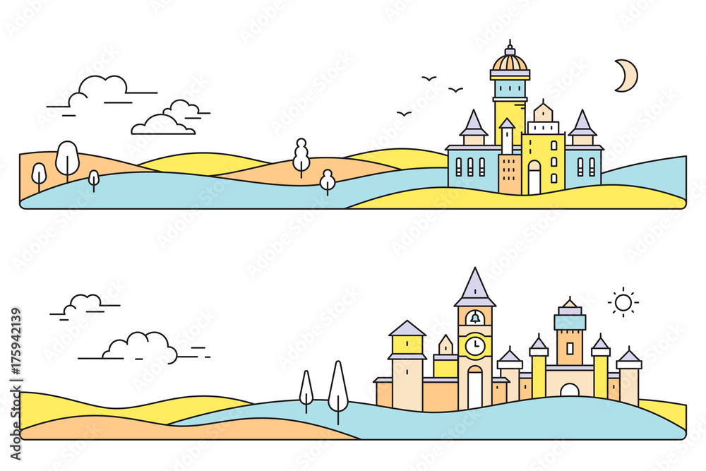 Vector colorful illustration of two city landscape. Set of castle with tree, cloud on white background with hill.
