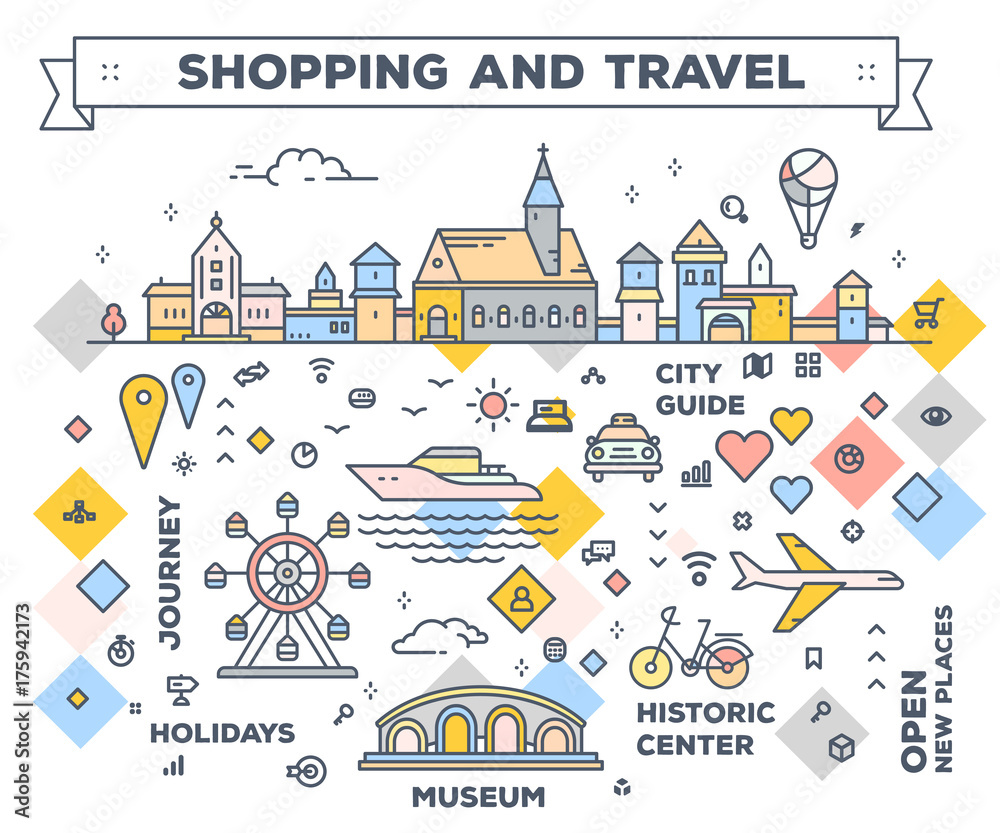 Fototapeta premium Vector illustration of city with entertainment objects. Infographic route concept with navigation elements. Shopping and travel road map.