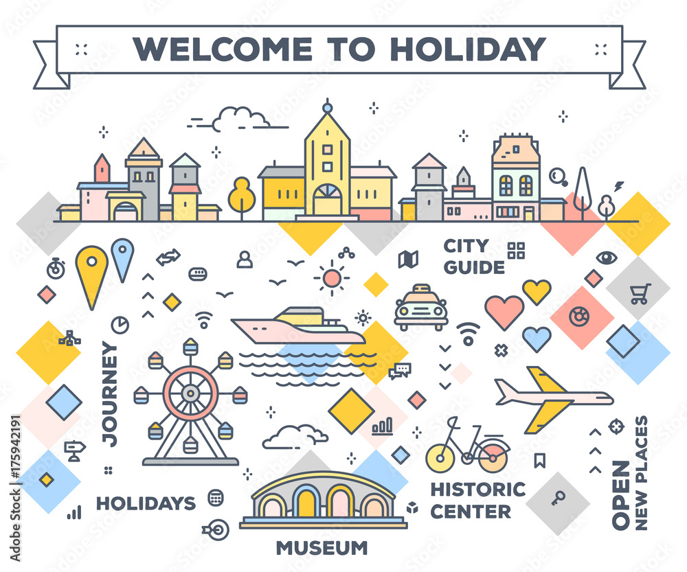 Vector bright illustration of city with tourist facilities and attractions on white background. Infographic route concept with navigation elements.
