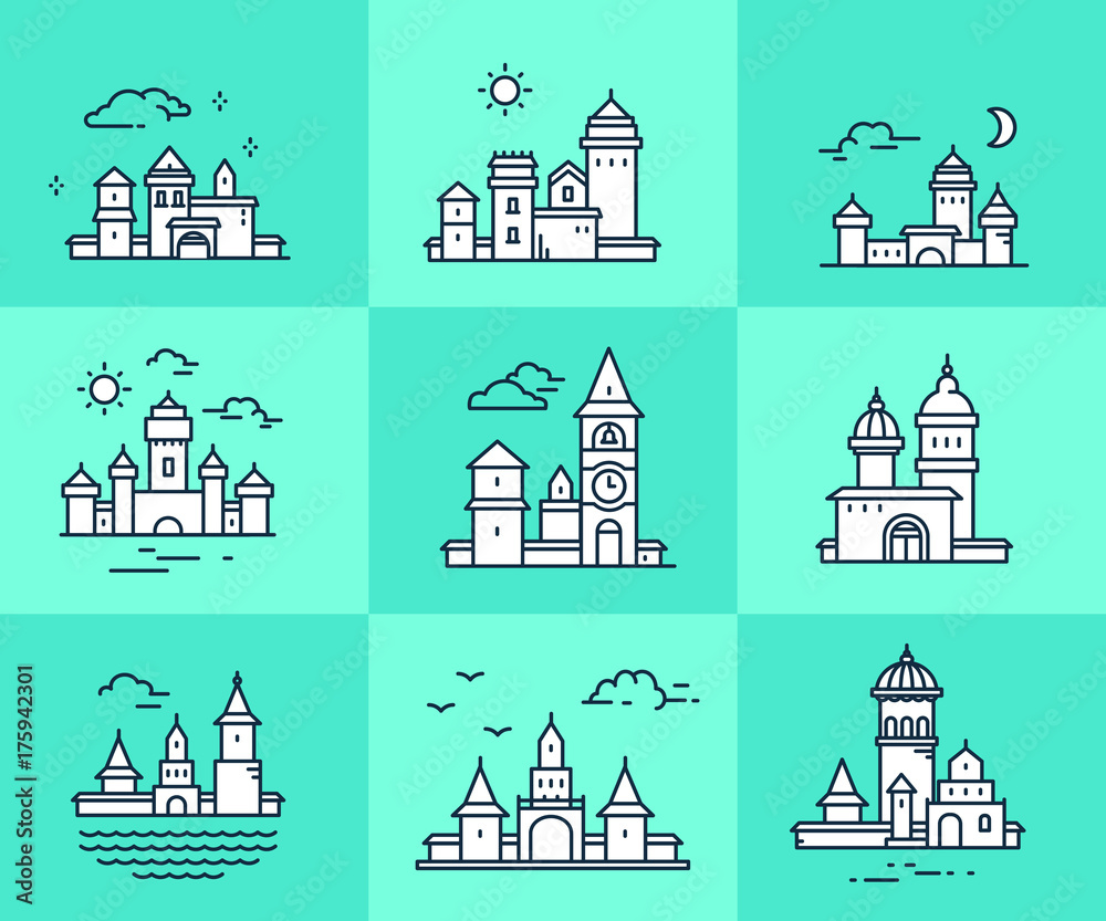 Vector collection of urban construction on green background. Set of icons of different of white city buildings with clouds and waves. Vector collection of urban construction on green background. Set of icons of different of white city buildings with clouds and waves.