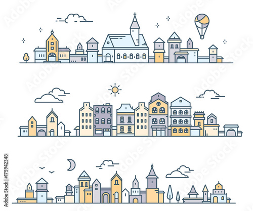 Urban european white detailed city with tree, cloud, air balloon. Vector illustration of three different summer city landscape on white background.