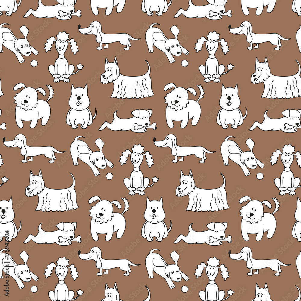 Fototapeta premium Seamless pattern with cartoon dogs on the brown background.