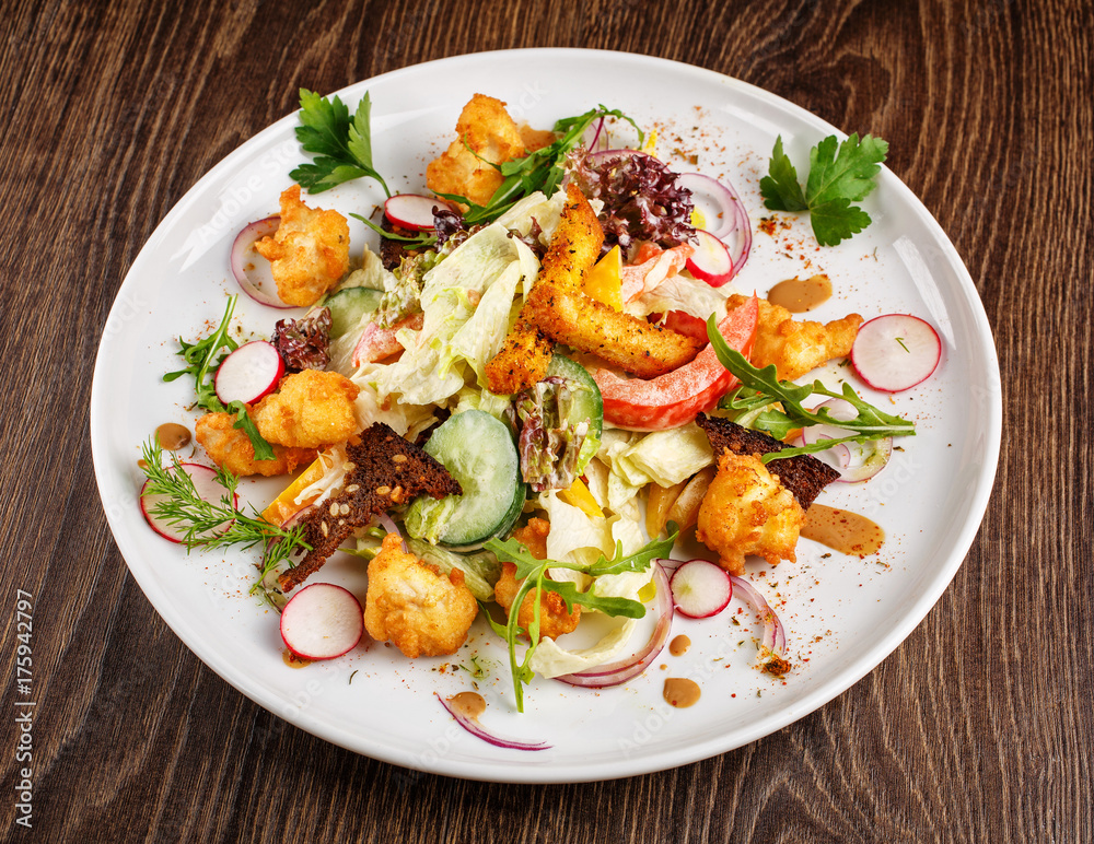 restaurant meals - salad with fresh vegetables grilled veal and baked potatoes restaurant meals - salad with fresh vegetables grilled veal and baked potatoes