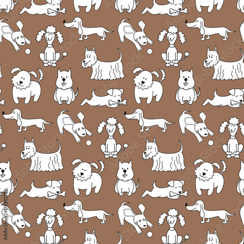 Seamless pattern with cartoon dogs on the brown background. photo