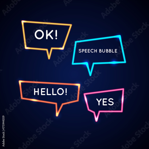 Set neon speech bubbles and blank template for quotes.