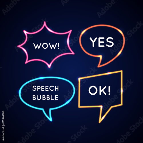 Set neon speech bubbles and blank template for quotes.