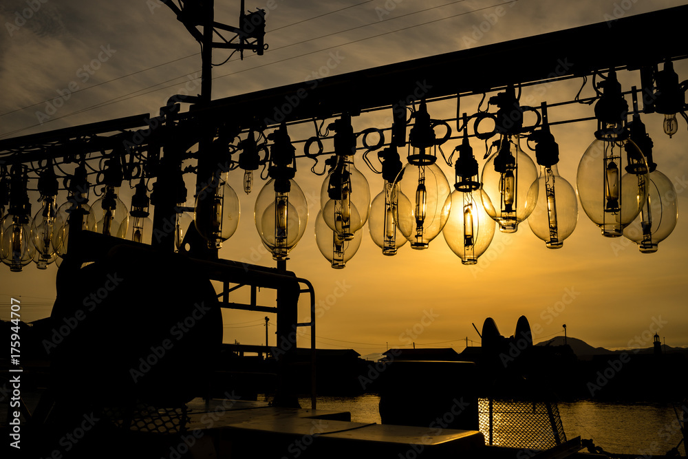イカ釣り漁船の集魚灯と夕日 Stock Photo Adobe Stock