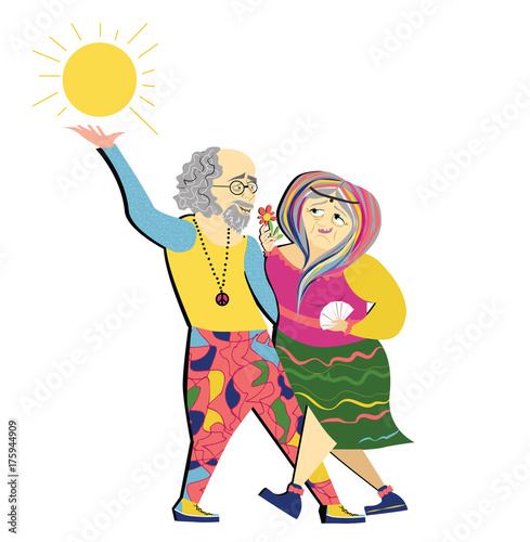 old couple dancing.Funny hippie cartoon senior couple dancing,poster old people. poster senior. party