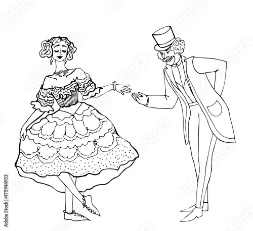 vintage girl doing courtesy and squatting . vintage dress.good manners.The gentleman in a frock coat and a top hat.lines