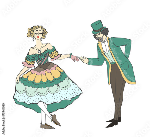 vintage girl doing courtesy and squatting . vintage dress.good manners.The gentleman in a frock coat and a top hat