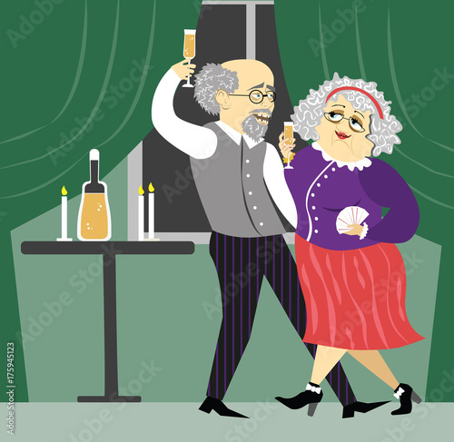 old couple dancing in restaurant. happy retirement.poster old people. poster senior. party
