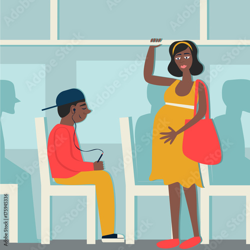 good manners.pregnant woman in the bus.to give way to pregnant woman.tired black woman and black young boy with player