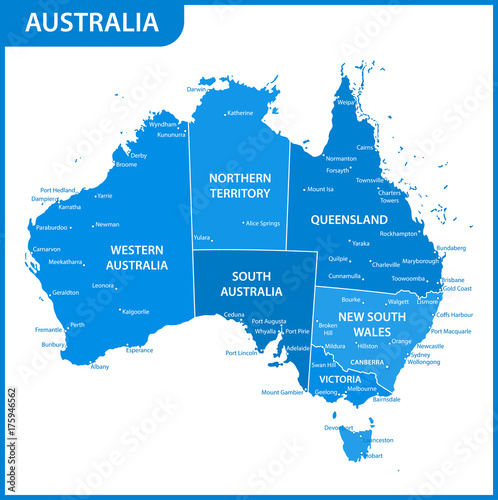 The detailed map of the Australia with regions or states and cities, capitals