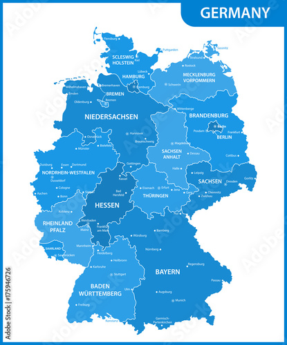 The detailed map of the Germany with regions or states and cities, capitals