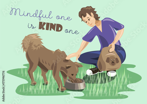 Young boy feeding stray dog with kindness. Mindful human concept illustration vector.