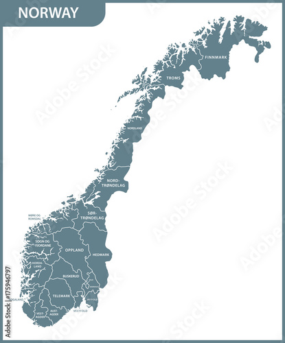 Fotografie, Obraz The detailed map of the Norway with regions