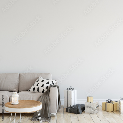 Fototapeta Naklejka Na Ścianę i Meble -  mock up wall Christmas interior. Scandinavian style. Wall art. 3d rendering, 3d illustration