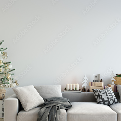 mock up wall Christmas interior. Scandinavian style. Wall art. 3d rendering, 3d illustration photo