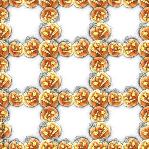 Watercolor illustration of seamless pattern with Halloween pumpkin.
