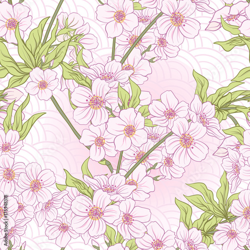 Seamless pattern with Japanese blossom sakura. Vector stock illu
