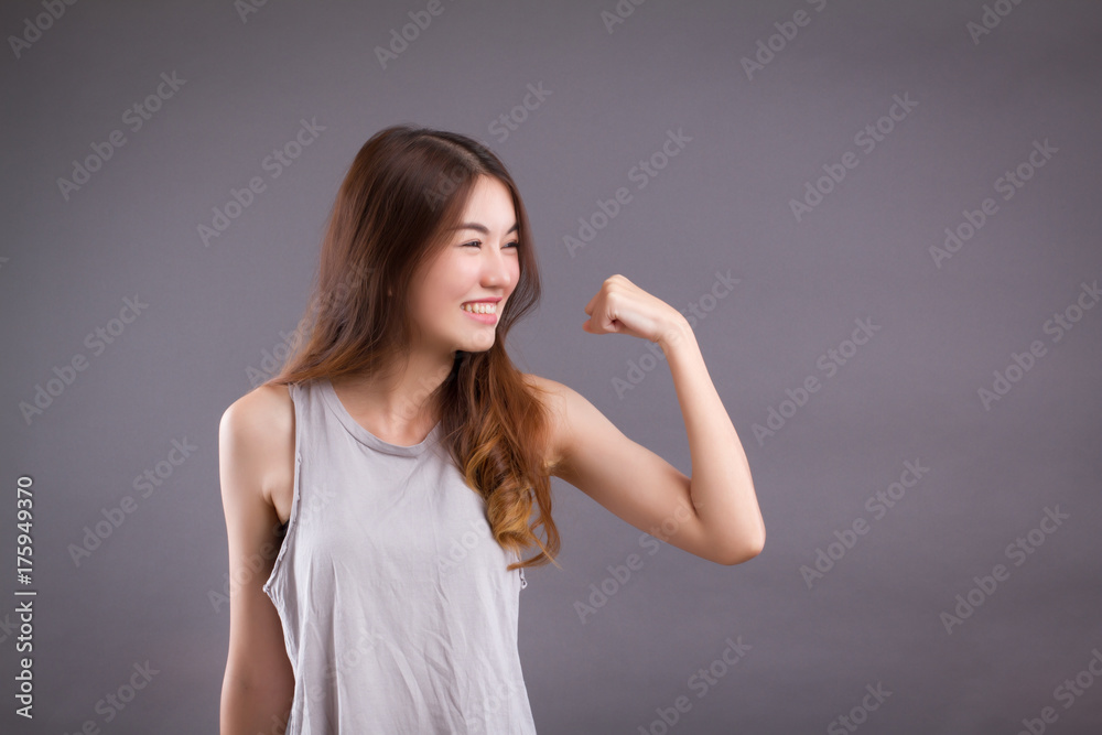 exited strong successful woman studio isolated portrait