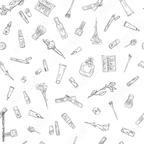 Hand drawn beauty and cosmetics items set. Seamless pattern background for design