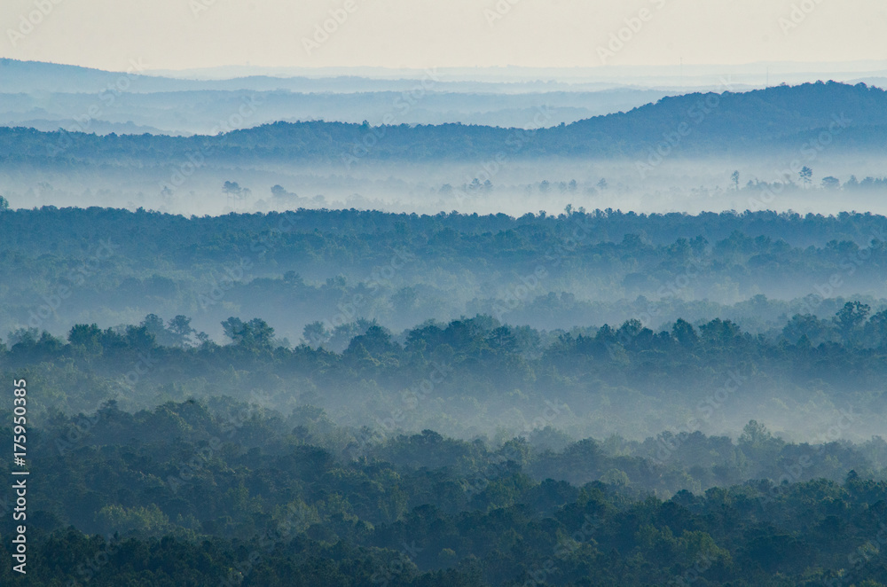 Fog flows through the valleys and hills below a scenic overlook in the Talladega National Forest in Alabama, USA