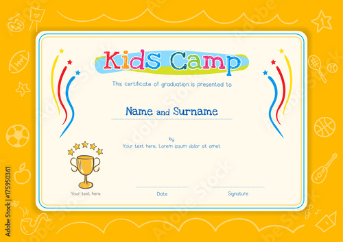Kids Diploma or certificate template for kids camp with hand drawing cartoon style background