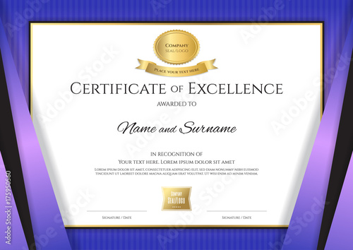Luxury certificate template with elegant violet border frame, Diploma design for graduation or completion