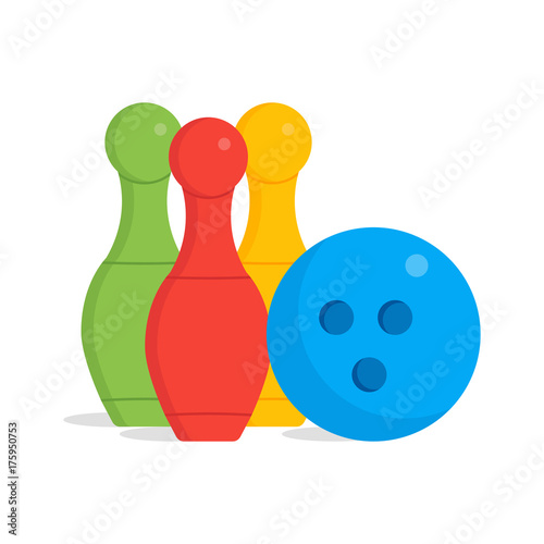 Bowling pins and one ball illustration isolated with clean flat design. Kids toys illustration