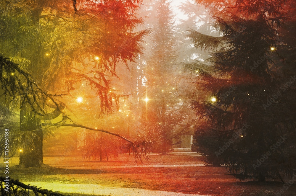 Fototapeta premium Fir trees with fog and stars in surreal red and yellow light.