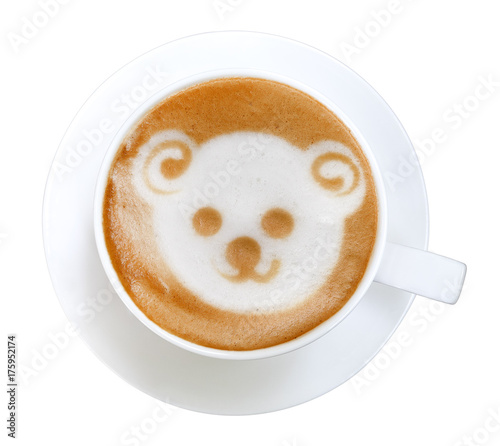 Top view of hot coffee cappuccino latte art bear shape foam isolated on white background, clipping path included