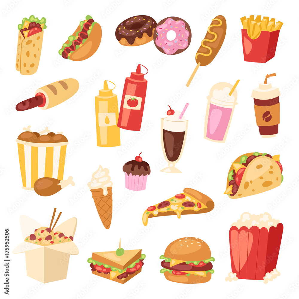 Cartoon fast food unhealthy burger sandwich, hamburger, pizza meal  restaurant menu snack vector illustration. Stock Vector | Adobe Stock