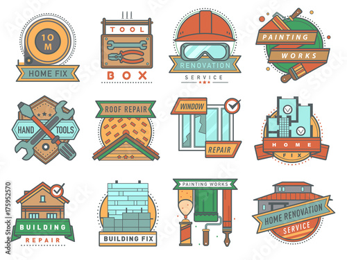 House and home building construction repairs service company badge logo handy service vector carpentry work tools.