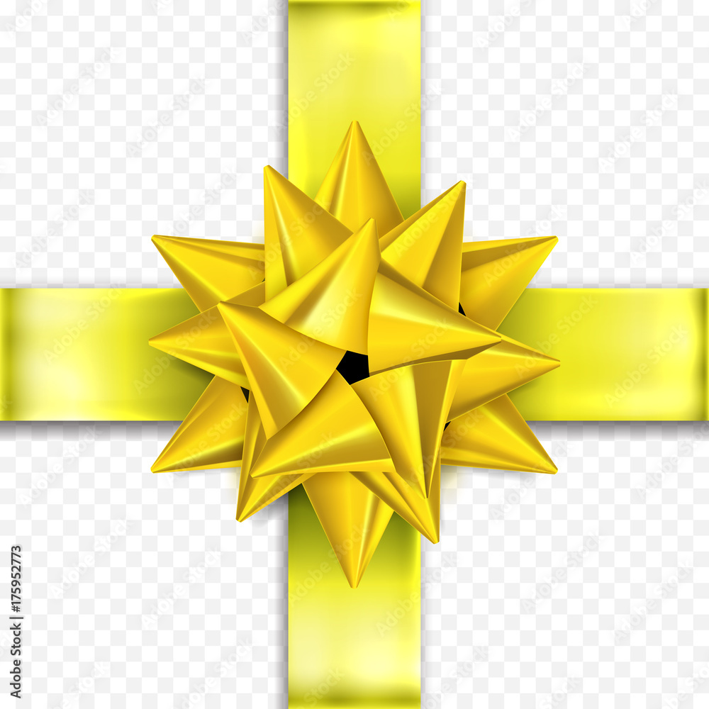Gift Bow Ribbon For Birthday, New Year Or Christmas Holiday Gift Box  Decoration Or Greeting Card Design Template. Vector Yellow Golden Bday  Flower Bow Gift Wrapper On Transparent Background Vector De Stock |