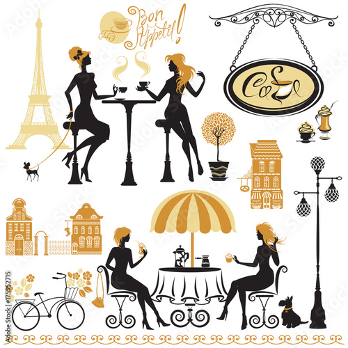 Set of girls silhouettes, Illustration of two young women drinki