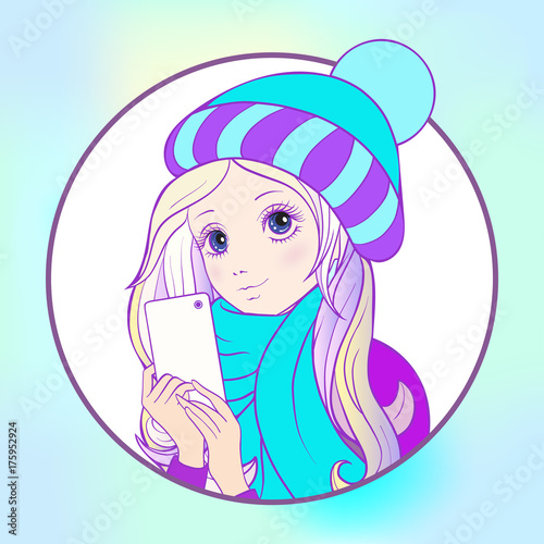 Young nice girl with long hear in winter hat and scarf make self