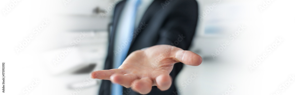 Panorama view of empty businessman hand Panorama view of empty businessman hand