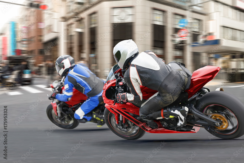 Naklejka premium City Biker Gangs running a red light in downtown